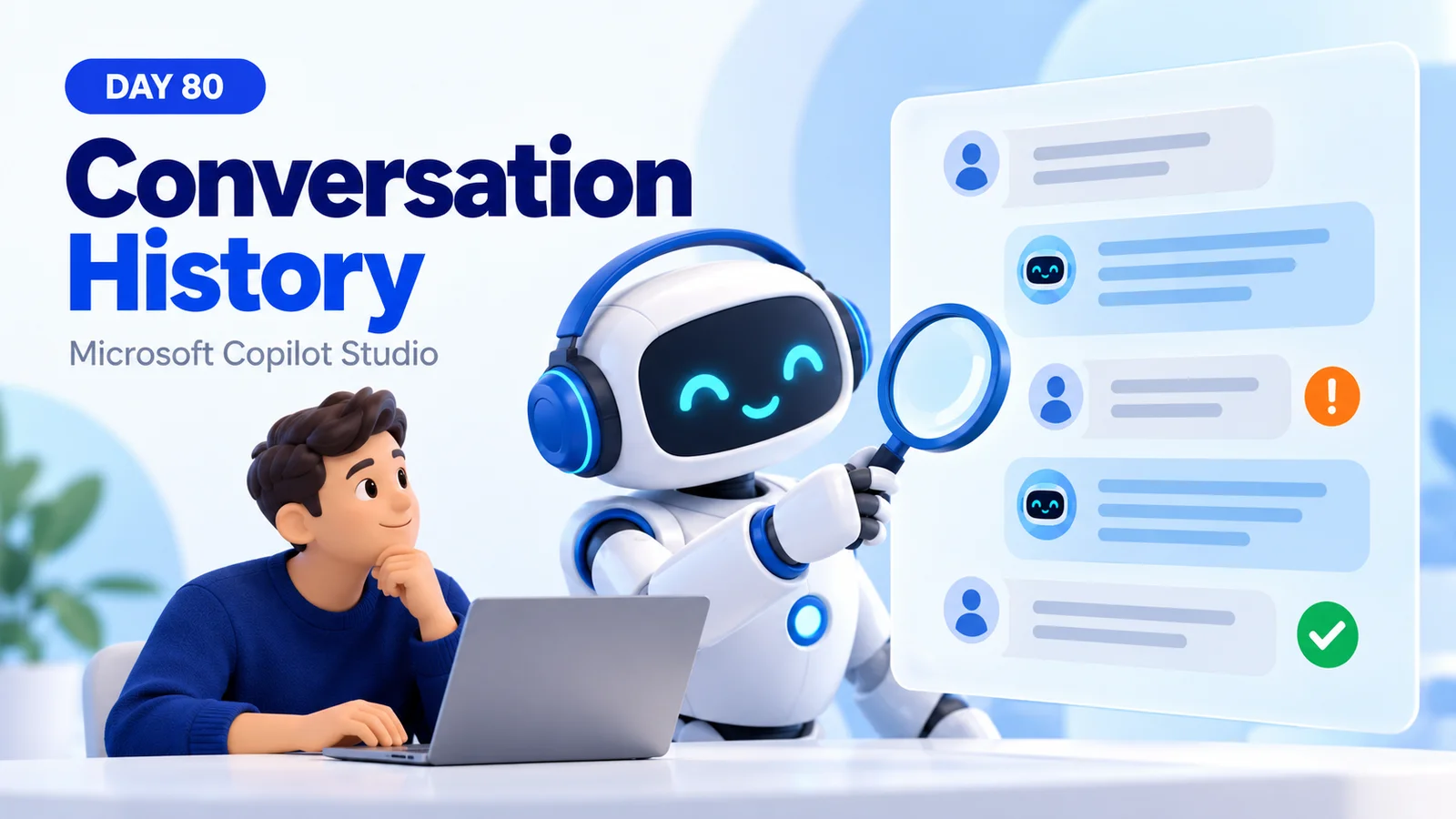 Friendly AI robot and a laptop user reviewing conversation messages with a magnifying glass, issue marker, and completion check.