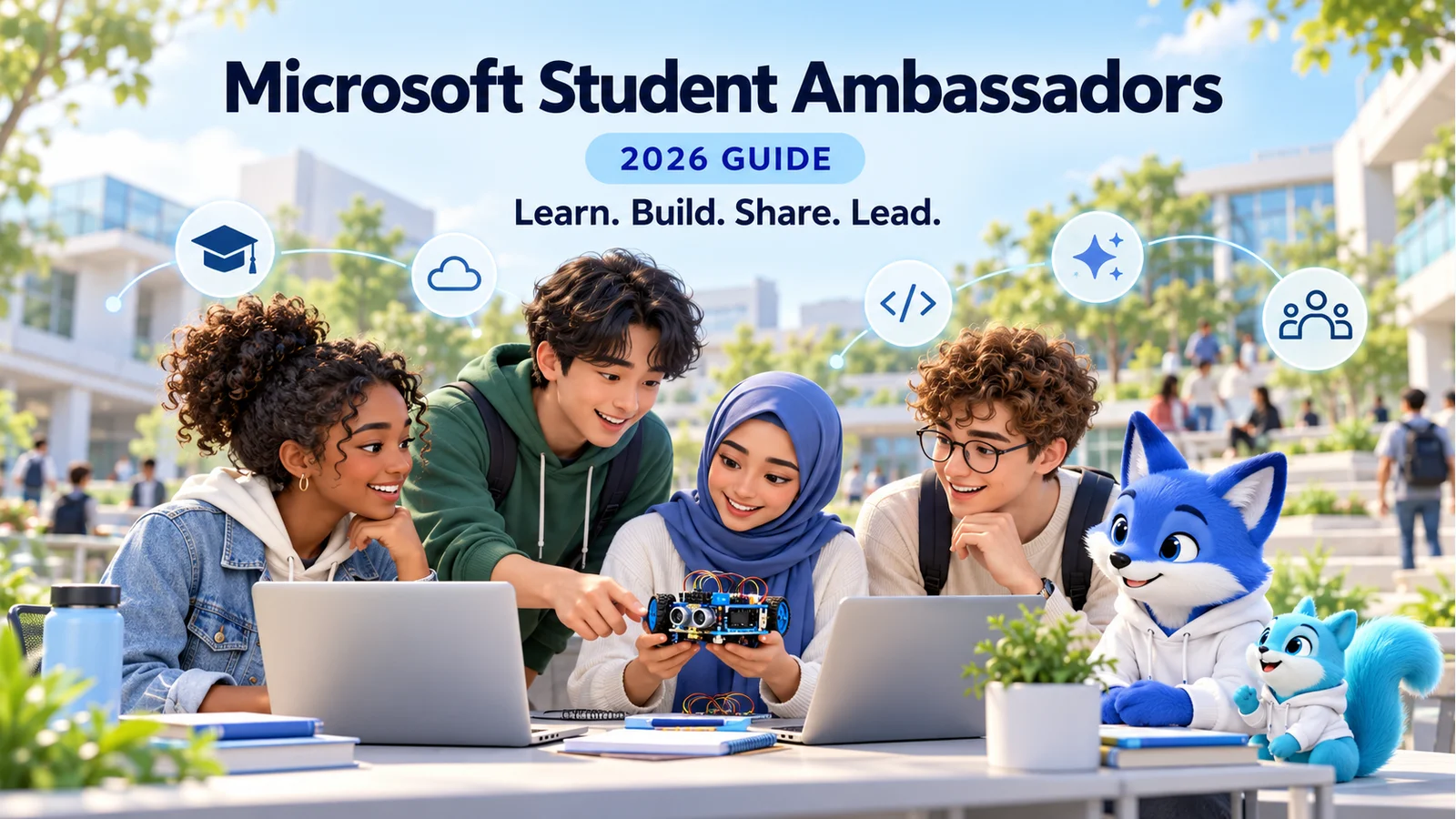 University students collaborating on technology projects with a blue fox mentor and cyan squirrel, surrounded by learning, cloud, coding, and community icons.