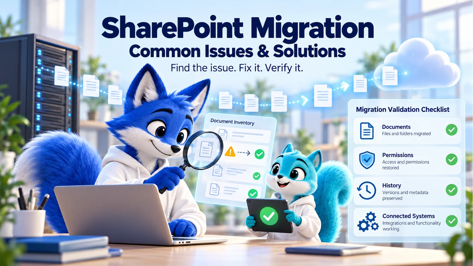 NEX the blue fox and PIX the cyan squirrel investigating migrated documents beside a validation checklist for files, permissions, versions, and integrations.