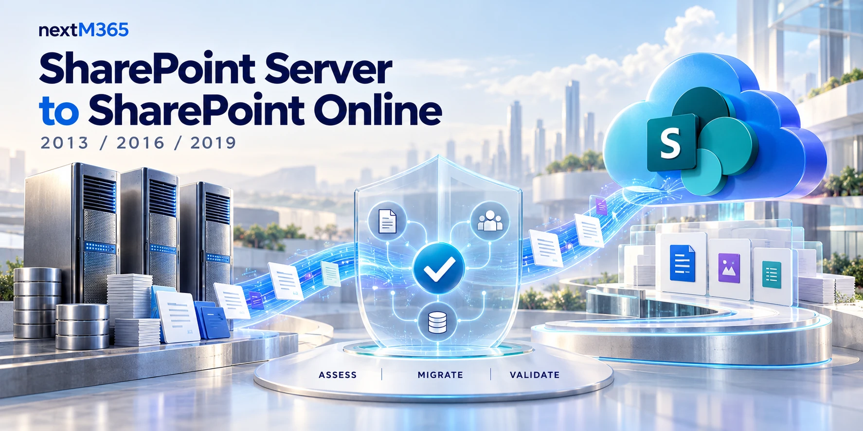 SharePoint Server 2013, 2016, and 2019 migration illustration with server towers, an assessment shield, flowing documents, and the SharePoint Online cloud