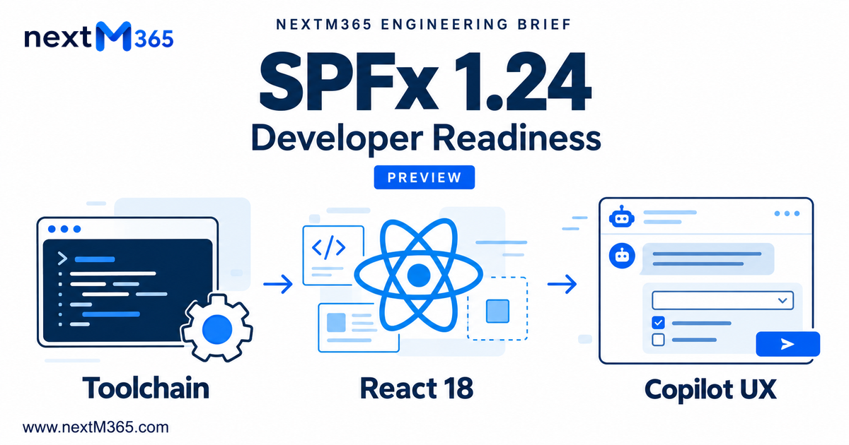 nxtM365 SPFx 1.24 Preview developer readiness brief with connected Toolchain, React 18 and Copilot UX panels