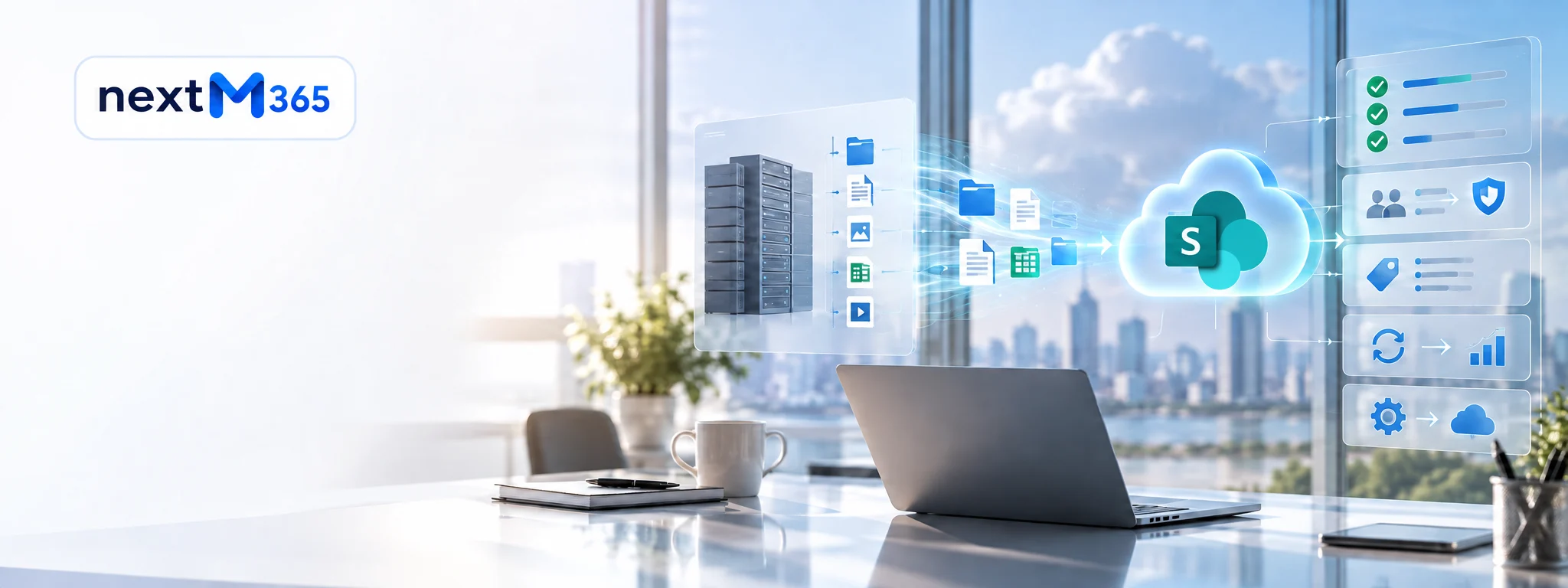 SharePoint migration illustration covering validation, permissions, and metadata