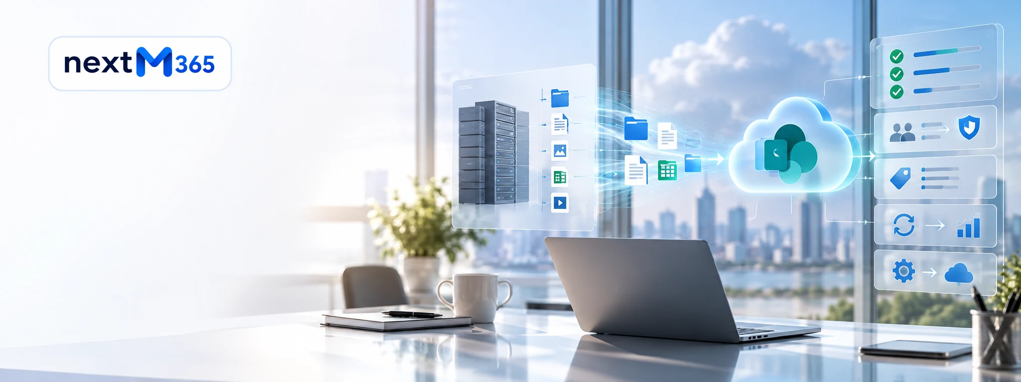 SharePoint migration illustration showing file transfer, validation, permissions, and metadata readiness