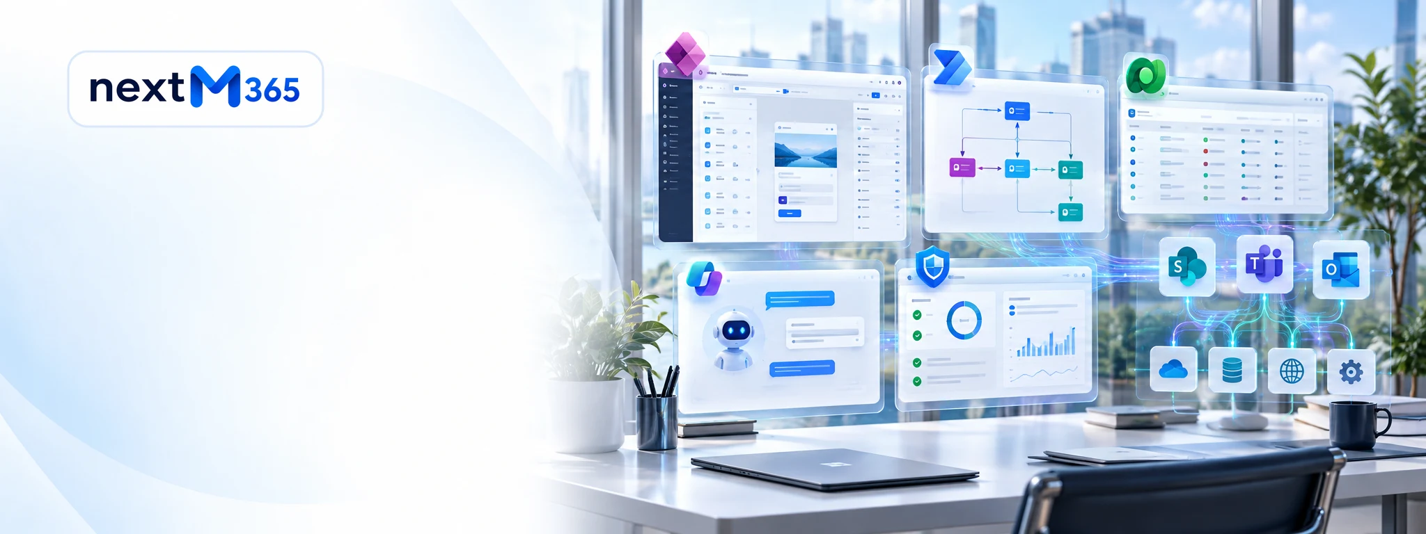 Power Platform hero banner showing apps, automation workflows, Dataverse, Copilot Studio, connectors, governance, and Microsoft 365 integration