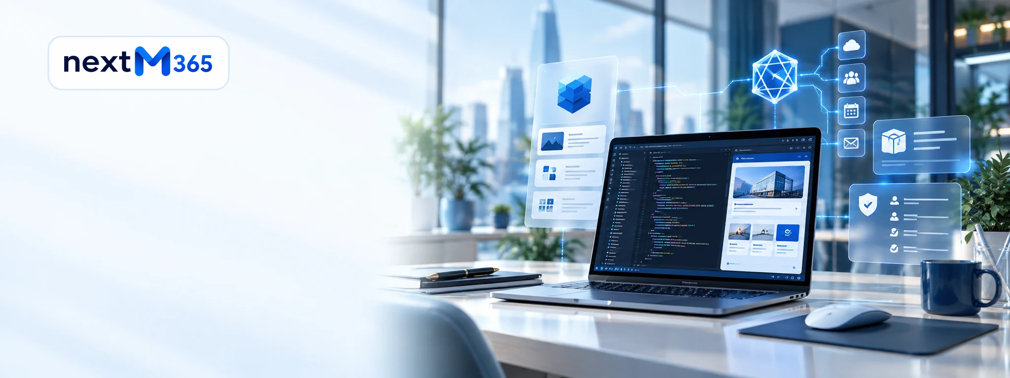 SPFx development illustration showing code, React components, and Graph integrations